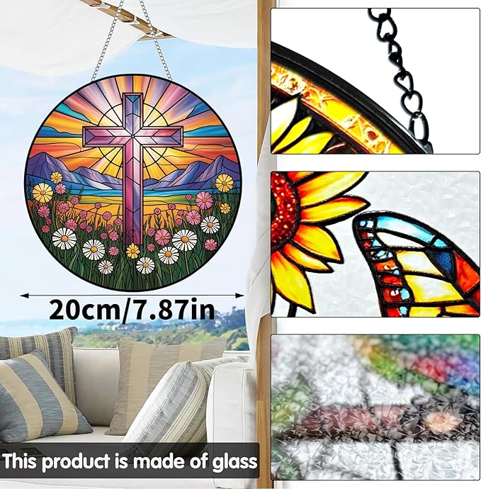 VAIIEYO Cross Sun Catcher Stained Glass Window Hanging Ornament, Handmade Sun Catcher Religion Decoration with Hooks for Window Garden Home, Mother's Day & Birthday Housewarming Gift (7.8 inch)