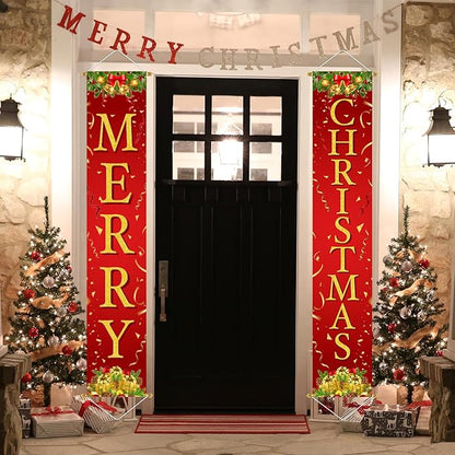 Ivenf Christmas Decorations Outdoor Yard: Red Gold Door Banner Front Porch Sign Set, Hanging Merry Christmas Decorations for Home, Indoor Outdoor Xmas Decor Wall Front Door Yard Garage