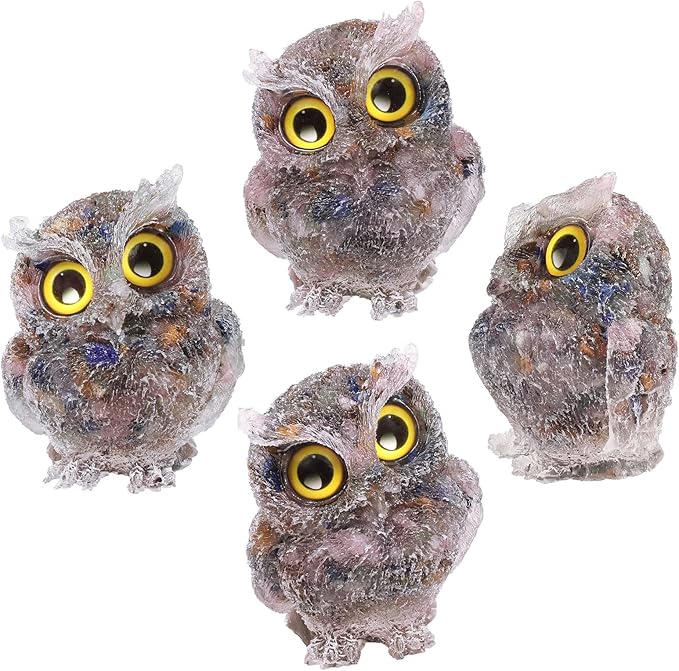 Nupuyai 3 inches Orgone Resin Crystal Chips Tumbled Stone Owl Statue, Mini Hand Carved Stone Crystal Animal Figurines for Tabletop Indoor Outdoor, Colorful Mixed Stones