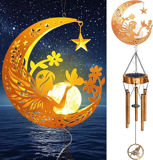 Solar Moon Fairy Wind Chimes, Moon Gifts Mothers Day for Mom Women Men Sympathy Birthday, Hanging Outdoor Decor Cracked Glass Ball Memorial Large Wind Chimes for Garden Patio Porch