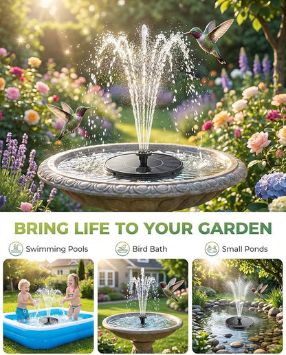 Solar Fountain for Bird Bath, Upgrade 1.4W Solar Water Fountain Pump with 7 Nozzles & 4 Fixed Pipes, Outdoor Standing Floating Solar Fountain for Garden, Ponds, Pool, Fish Tank - 6.3 Inch