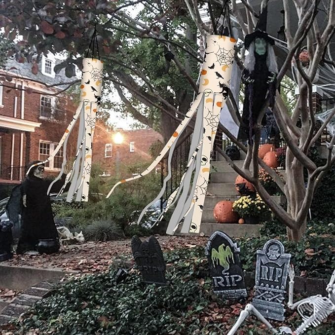 Halloween Witch Windsock 2 PC Outdoor Hanging Decoration for Home Yard Lightweight Sturdiness Polyester Fabric Windsock Flag Fall Thanksgiving Decor