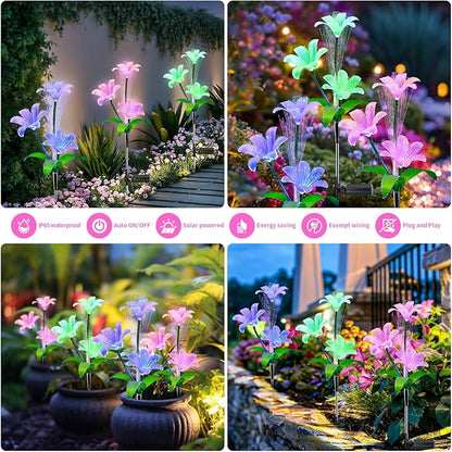 Solar Garden Lights Waterproof 3 Pack Solar Lights Outdoor Decorative 7 Color Changing Double Jellyfish and Lily Flower Garden Decor Yard Christmas Pool Outdoor, Mother's Women