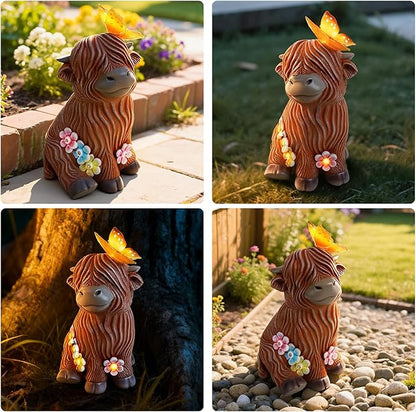 Highland Cow Garden Statue with Butterfly - Outdoor Decor for Yard, Patio & Lawn - Cute Cattle Figurine, Whimsical Backyard Ornament & Art, Unique Gifts for Grandma, Mom & Cow Lovers