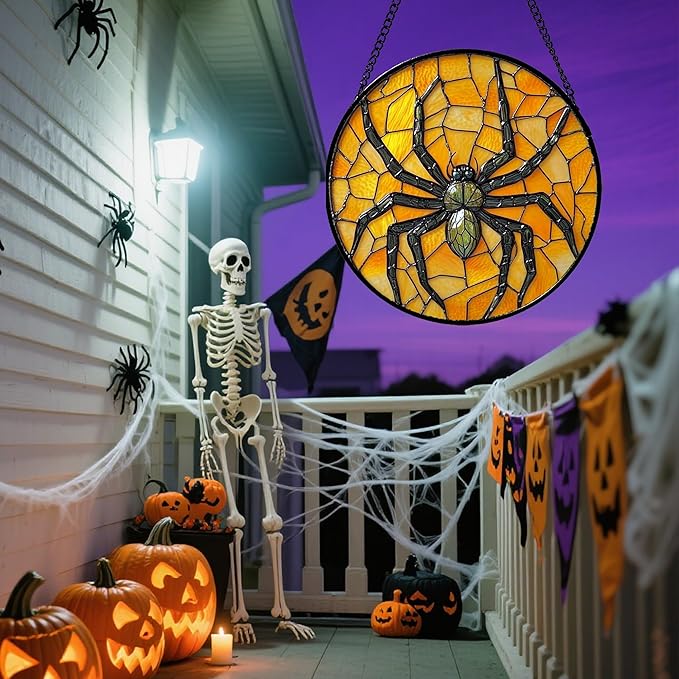 Stained Glass Window Hanging - Halloween Decorations Black Spider Suncatcher for Doors Garden Indoor Spooky Funny Sun Catchers Gothic Decor Horror Gifts for Women Men Friend 9.8 in