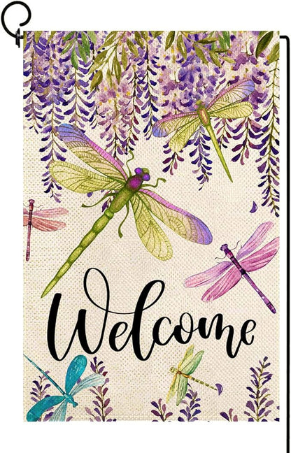 Baccessor Spring Summer Flower Garden Flag Wisteria Dragonfly Floral Welcome Small Yard Flag Burlap Double Sided Vertical Seasonal Farmhouse Wedding Outside Outdoor Decoration 12.5x18 Inch