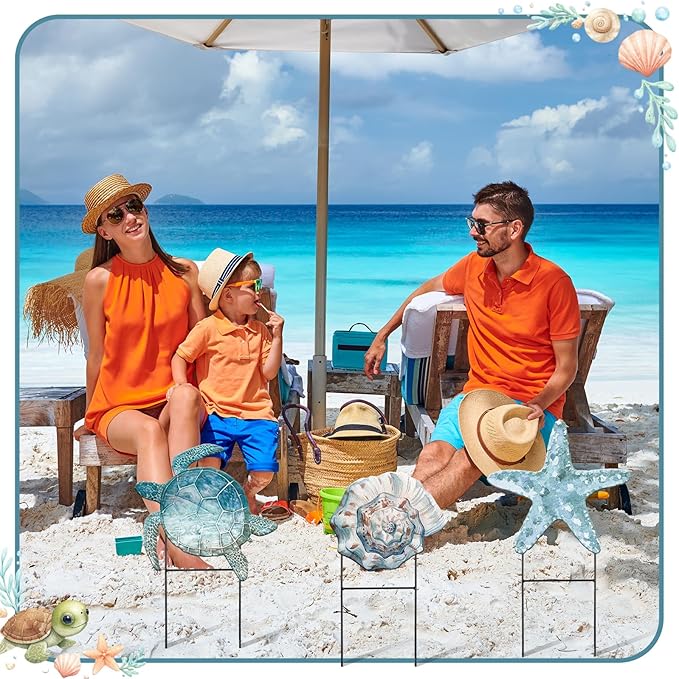 Moxweyeni 3 Pcs Metal Beach Outdoor Decoration 25 Inch Summer Ocean Theme Yard Sign Turtle Starfish Conch Coastal Outdoor Stakes for Garden Pool Lawn Holiday Party Take Photos