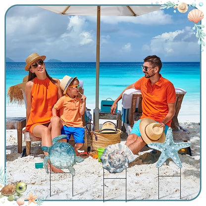 Moxweyeni 3 Pcs Metal Beach Outdoor Decoration 25 Inch Summer Ocean Theme Yard Sign Turtle Starfish Conch Coastal Outdoor Stakes for Garden Pool Lawn Holiday Party Take Photos