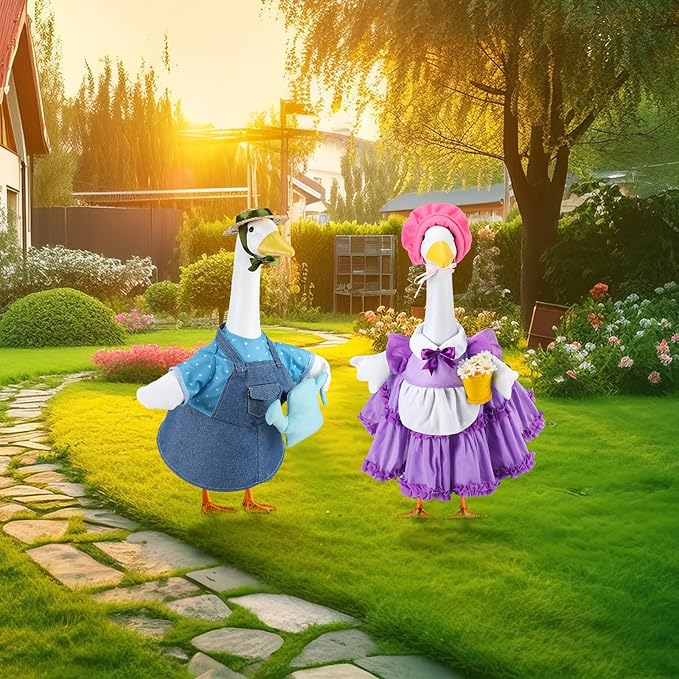 Abbylike 2 Set Spring Porch Goose Outfits Gardener Goose Clothes Purple and Blue for 23" Cement Plastic Geese with Flower Pot and Watering Can Summer Duck Costume for Patio Lawn Outdoor Patio Decor