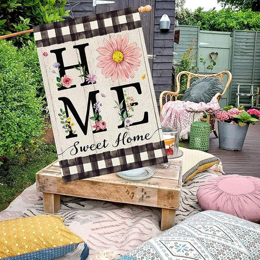 ORTIGIA Spring Summer Daisy House Flag Burlap Double Sided Home Sweet Home Floral Flower Large House Flag Farmhouse Buffalo Plaid Yard Lawn Patio Outdoor Outside 28x40 Inch
