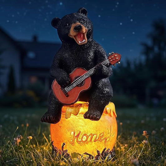 PETAFLOP Solar Bear Guitar Garden Decor, Outdoor Ornament for Patio Porch Yard, Heartwarming Housewarming Gift