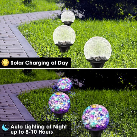 Solar Garden Lights, 4 Pack 120 LED Multicolor Cracked Glass Solar Outdoor Lights Decorative, Upgraded Waterproof Ball Lights for Yard Pathway Patio Lawn Christmas Outside Decor, 3.94