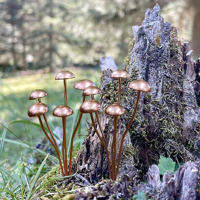 6.5" Metal Mushroom Garden Statue Decor (2-Pack) - Rust-Proof Iron Mushroom Stakes for Outdoor Lawn, Yard, & Patio - Flower Pot Ornament, Creative Gift for Garden Lovers (Stakes & Straps)