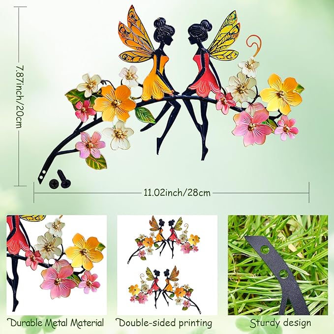 Colorful Metal Fairy Garden Stake - Fairies on Flowering Tree Branch Statue, Rustproof Outdoor Indoor Decor for Patio, Yard, Wall & Fence(Fairys2)