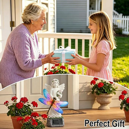 Starryfill Solar Angel Garden Statue with Color Changing Dragonfly Lights - 12 Inch Hand-Painted Resin Figurine, Auto Dusk-to-Dawn Waterproof Outdoor Decor for Patio, Yard, Lawn, Memorial Mother Gift