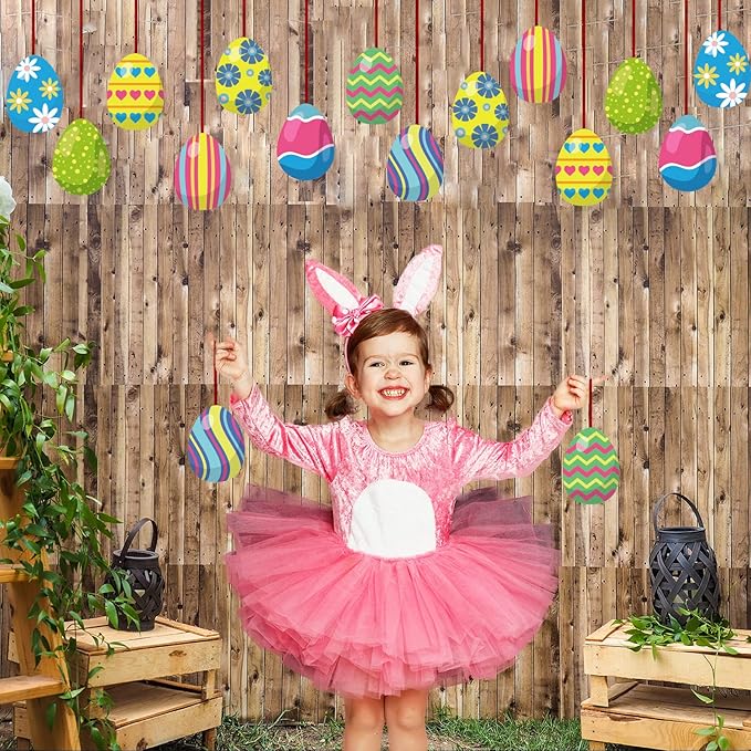 16 Pieces Easter Egg Outdoor Hanging Ornaments Easter Outdoor Decorations Happy Easter Hanging Porch & Tree Yard Lawn Decor - Double-Side Printed