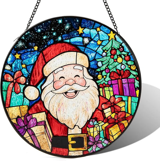 Santa Stained Glass Window Hanging, Santa Claus Suncatcher for Doors Home Sun Catchers Decoration and Christmas, Mother's Day Birthday Gifts for Women, Men, and Mom