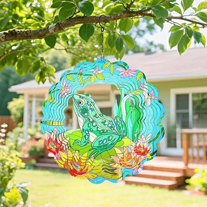 Frog Wind Spinners Outdoor Hanging 3D Frogs Wind Sculpture Outdoor for Silhouette Decoration Gifts,12 Inch Stainless Steel Wind Spinner for Yard, Porch,Balcony,Home,Patio,Spring Garden Decor