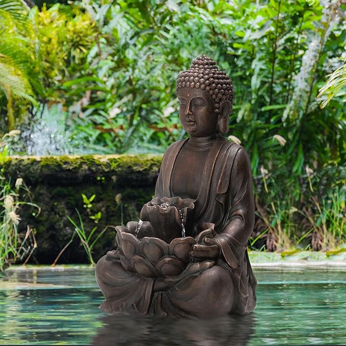 Glitzhome Buddha Statue 28" H, Outdoor Buddha Large Statue Zen Style Buddha Fountian with LED Light & Pump Polyresin Outdoor Floor Freestanding Fountain Garden Buddha Sculptures & Statues Lawn Décor