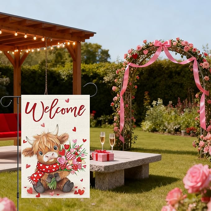 Heyfibro Welcome Valentine's Day Highland Cow Garden Flag 12 x 18 Inch Double Sided Burlap, Floral Heart Bouquet & Red Scarf Yard Flag for Outdoor Romantic Holiday Decoration (ONLY FLAG)