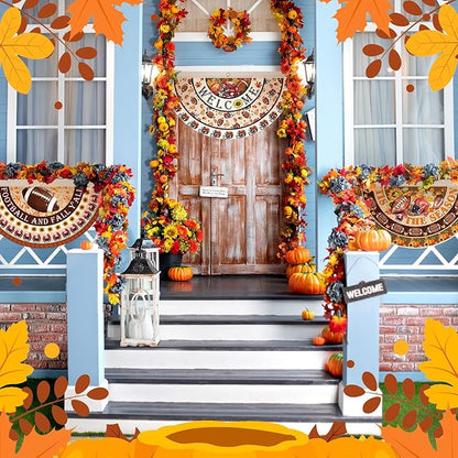 6 Pcs Fall Thanksgiving Decoration Autumn Football Garden Bunting 1.5 x 3 ft Maple Leaves Sunflower Outdoor Welcome Banner Pumpkin Fan Bunting for Thanksgiving Holiday Indoor Outdoor Yard Decor