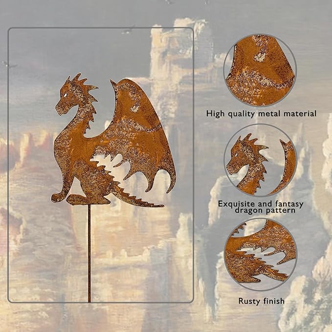 Rusty Fantasy Dragon Garden Stakes Decor, 24 Inch Metal Yard Art Decor, Decorative Garden Stakes Outdoor, Lawn Art Dragons Garden Decorations for outside, Ancient Dragons Garden Statue,Set of 3