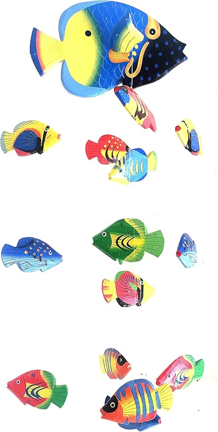 Fish Wind Chime Wooden Hand Painted Fish Mobile Tropical Fish Nautical Decor - OMA Brand (Small)