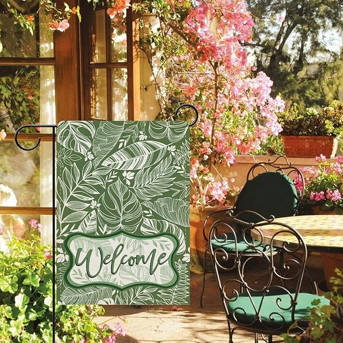 Dyrenson Welcome Green Leaves Decorative Garden Flag, Tropical Plant Monstera Botanical Yard Outside Home Decoration, Spring Summer Floral Burlap Outdoor Small Decor Double Sided 12 x 18