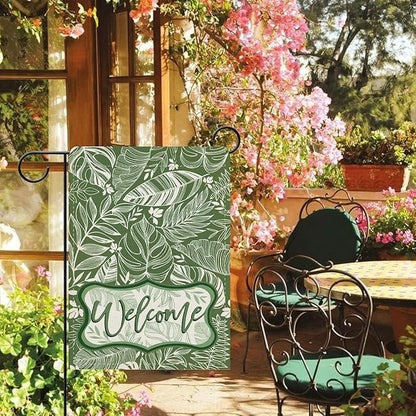 Dyrenson Welcome Green Leaves Decorative Garden Flag, Tropical Plant Monstera Botanical Yard Outside Home Decoration, Spring Summer Floral Burlap Outdoor Small Decor Double Sided 12 x 18