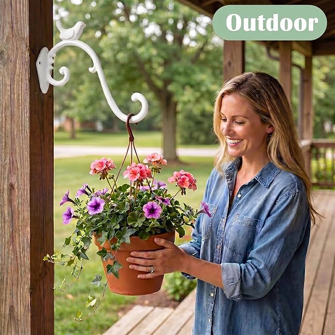 Z metnal Cast Iron Plant Hanger - Bird Rustic Wall Mounted Hanging Basket Holder for Outdoor Garden, Patio, Porch Decor - Heavy Duty Metal Hook Bracket, White