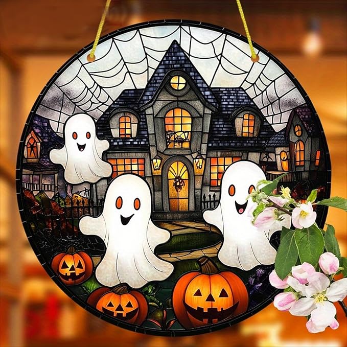 7.9inch Cute Halloween Suncatcher for Window Hanging,Ghost Pumpkin Castle Acrylic Suncatcher with Chain Halloween Window Decor for Home, Garden, Housewarming Round Ornament, Gift for Women Friend