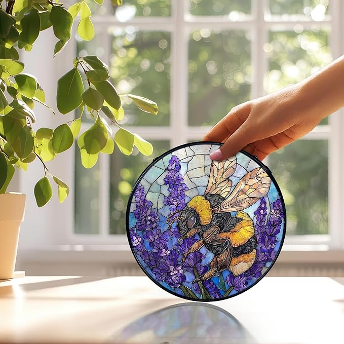 Bee Lavender Flower Suncatchers Stained Glass Window Hanging, Bumblebee Flower Sun Catchers Indoor Window Glass Round Wall Decor, Bee Floral Wall Hanging Decorations, 7.9x7.9in