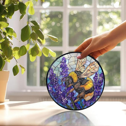Bee Lavender Flower Suncatchers Stained Glass Window Hanging, Bumblebee Flower Sun Catchers Indoor Window Glass Round Wall Decor, Bee Floral Wall Hanging Decorations, 7.9x7.9in