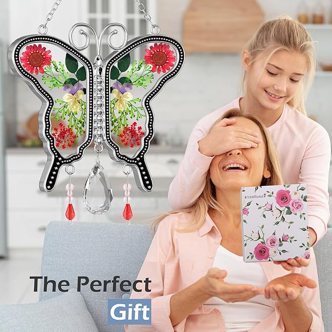 KY&BOSAM Suncatcher Butterfly Stained Glass Crystal Butterfly Suncatchers Ornament hangings for Windows Wind Chime with Pressed Flower Butterfly Embedded in Glass Mother`s Day Birthdays