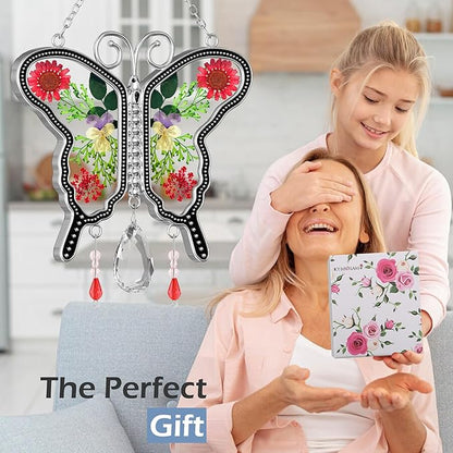 KY&BOSAM Suncatcher Butterfly Stained Glass Crystal Butterfly Suncatchers Ornament hangings for Windows Wind Chime with Pressed Flower Butterfly Embedded in Glass Mother`s Day Birthdays