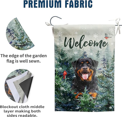Welcome Winter Garden Flags Rottweiler Garden Flag Cardinal Birds on Snowy Pine Tree Flag Dog Yard Flags for Outside 12x18 Double Sided Christmas Decorative Lawn Flags