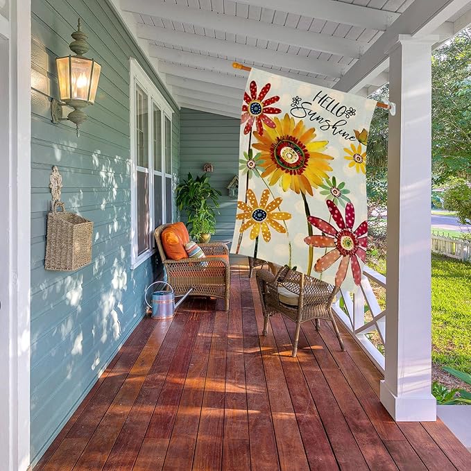 Summer Flowers House Flags for Outdoor, Hello Sunshine Sunflower Daisy Yard Flags for Outside,Seasonal Decorative Flag for Spring Farmhouse Holiday Decoration 28x40 Inch Double Sided