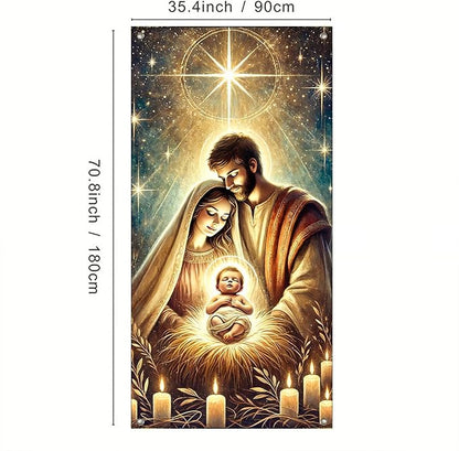 IVN Christmas Door Cover Decoration 71 x 35 in Holiday Banner Glowing Nativity Scene with Radiant Infant and Holy Family Photo Backdrop Indoor Outdoor for Front Door Party Decorations
