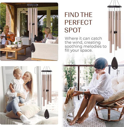 UpBlend XL Wind Chimes for Outside Gift – Deep Tone Wind Chime with Decorative Stone – Porch & Patio Decor, Elegant Outdoor Ornament, Garden Gifts. 38” Gold.