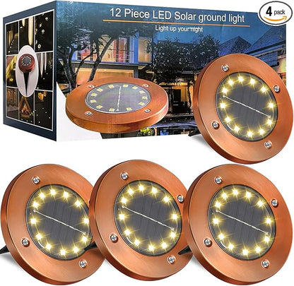 JKIMK Solar Ground Lights Outdoor Waterproof Flat Garden Solar Disk Lights Outdoor Floor Lights 12 LED 4 Pack for Garden Patio Pathway Landscape Driveway Yard Path Decor