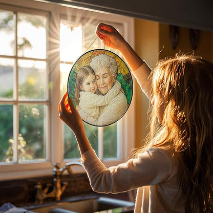 Personalized Stained Glass Window Hanging Ornament, Custom Grandma and Grandkids Photo Decoration, Unique for Mother’s Day, Birthday or Christmas, Keepsake Home Window Art for Grandma
