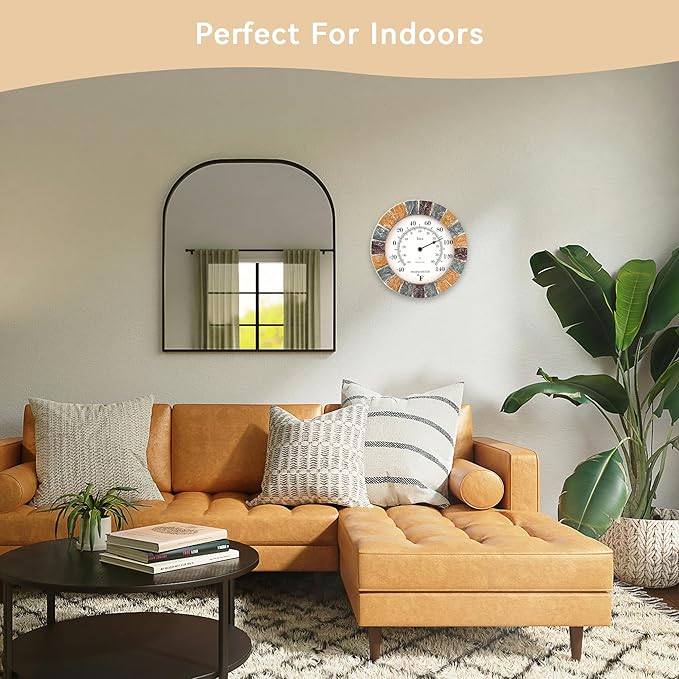 Lily's Home 10 inch Indoor or Outdoor Wall Thermometer Stone Frame Battery Operated Quartz Movement, Operated Decor for Family Room, Office, Game Room,Garden, Backyard, Pool