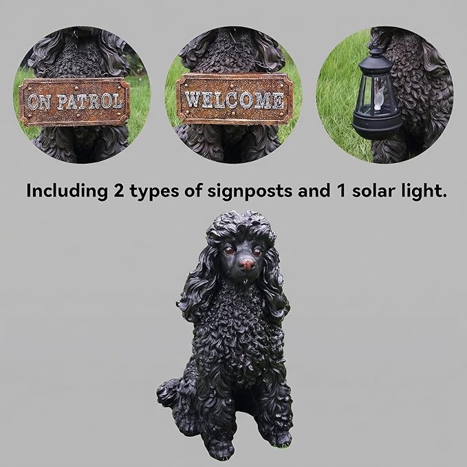 Poodle Garden Statue with Solar Lantern, Realistic Dog Sculpture, Birthday Gift for Women Mom Grandma, Housewarming Gift for New Home, Outdoor Resin Puppy Decor,Black