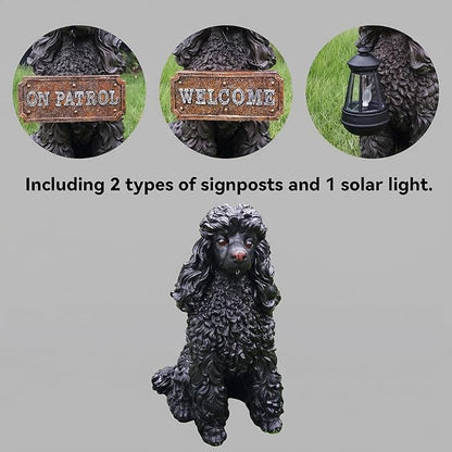Poodle Garden Statue with Solar Lantern, Realistic Dog Sculpture, Birthday Gift for Women Mom Grandma, Housewarming Gift for New Home, Outdoor Resin Puppy Decor,Black