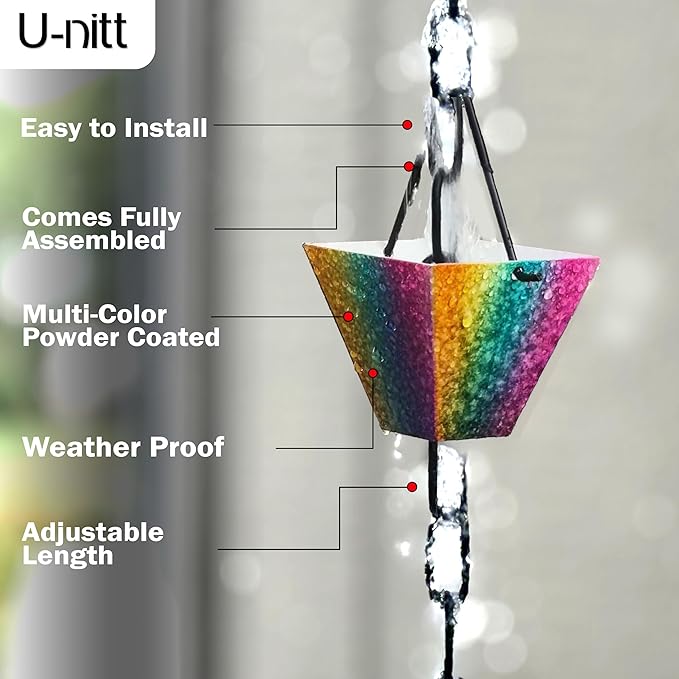 U-nitt Rain Chain Water Collection for Gutters Rainwater Catcher & Diverter, 8.5 FT Chains for Outside Garden, Rainbow Square Cups, Roof Downspout, Works with Heavy Rain, w/ Gutter Clip for Rainchains