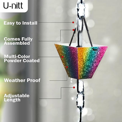 U-nitt Rain Chain Water Collection for Gutters Rainwater Catcher & Diverter, 8.5 FT Chains for Outside Garden, Rainbow Square Cups, Roof Downspout, Works with Heavy Rain, w/ Gutter Clip for Rainchains