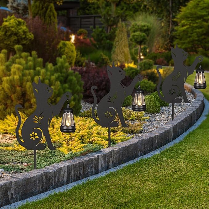 Doorkeer 2Pack Solar Outdoor Garden Lights Stakes Metal Cat Lawn Deco Statue Black Cat Patio Garden Decorative Stakes with Solar Lantern Christmas Birthday Gifts for Women Mom and Grandma