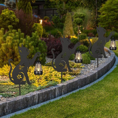 Doorkeer 2Pack Solar Outdoor Garden Lights Stakes Metal Cat Lawn Deco Statue Black Cat Patio Garden Decorative Stakes with Solar Lantern Christmas Birthday Gifts for Women Mom and Grandma