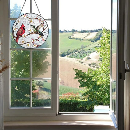 Cardinal&Hummingbird Stained Glass Window Hanging Birds Sun Catcher Cardinal Lover Gifts for Women Christmas Lovebirds Suncatchers for Garden Home Windows Hanging Decoration, 7.87inch