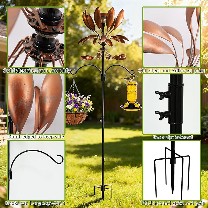 Yard Garden Wind Spinners - Large Outdoor Metal Wind Spinners with Stake, Yard Art Lawn Garden Decor Bronze-Colored Blade Rotator (25.5" W x 92.5" H)
